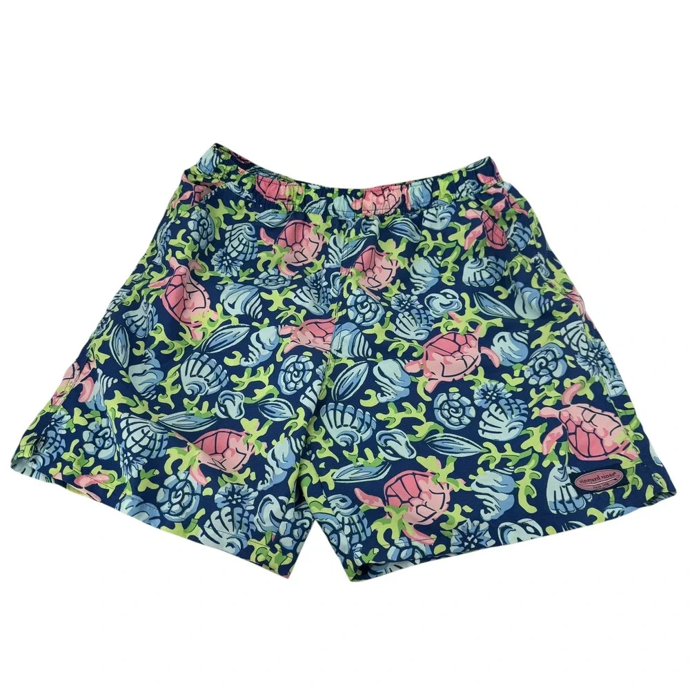 Vineyard Vines Mens‎ Sea Turtle Shell Print Swim Trunks Navy Blue Pink Large
